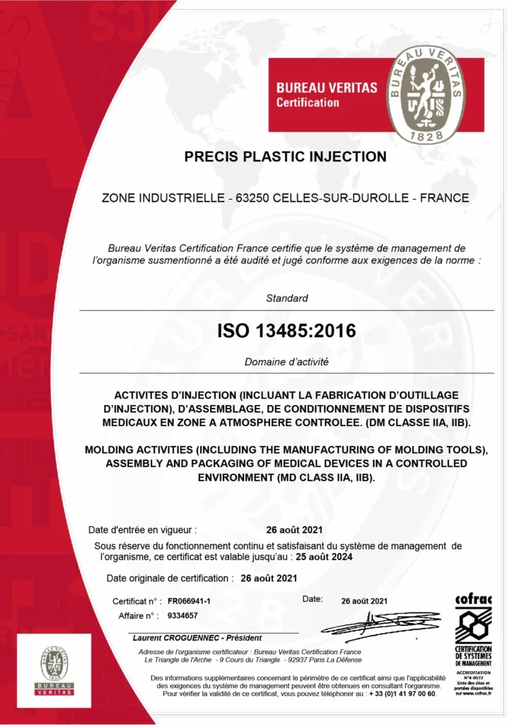 ISO 13485 certificate of Précis Plastic Injection issued by Bureau Veritas